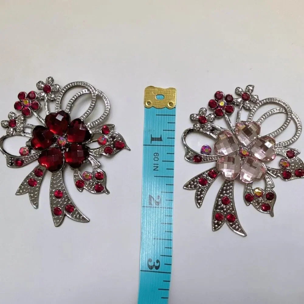 Set of 2 Rhinestone Flower Bouquet Brooches, Red Pink, Silver Tone Statement Pin